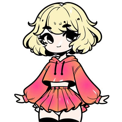 cute femboy with short, fluffy hair that softly frames their face, wearing a cropped hoodie, paired with a flouncy short skirt, and thigh-high stockings