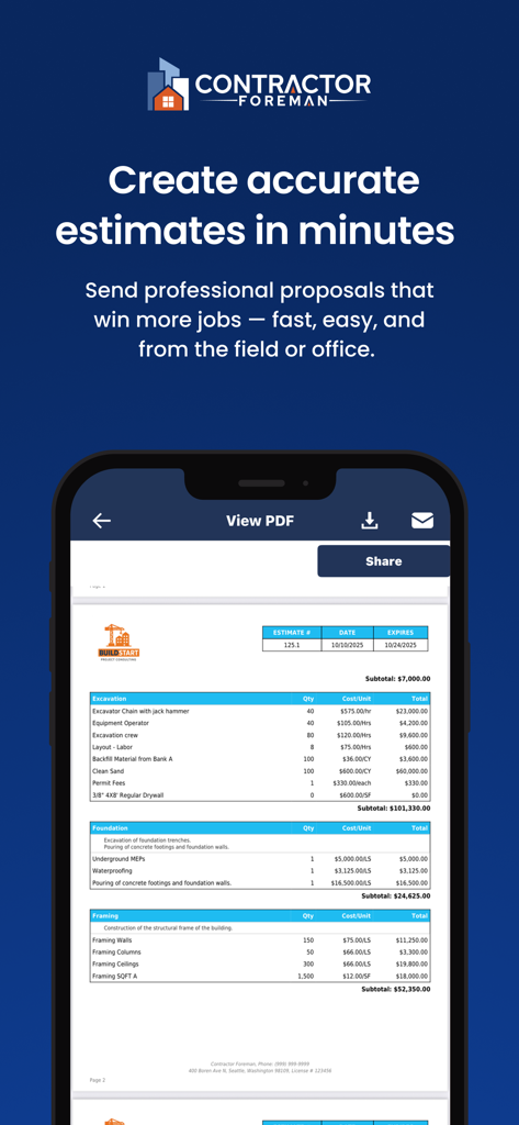 A smartphone displaying a professional construction estimate PDF generated by the Contractor Foreman app.