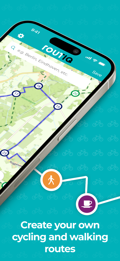 Routiq, Outdoor routes - Smartphone exibindo o aplicativo Routiq com um mapa para criar rotas personalizadas ao ar livre.