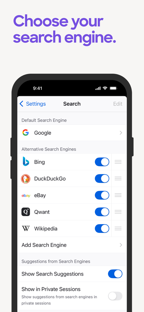 Firefox app settings screen to choose and customize default search engine options