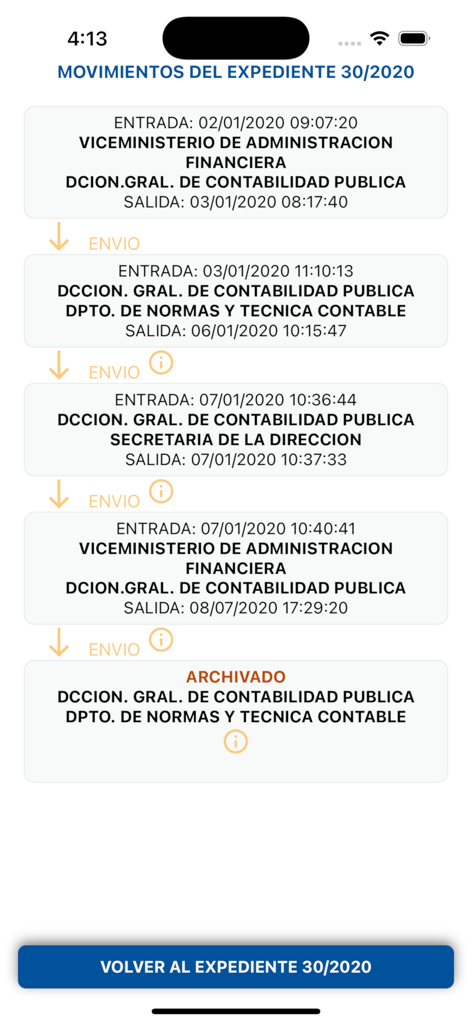 MEF Consultas - Pantalla móvil que muestra el historial de movimiento y el estado archivado final de un expediente gubernamental en la aplicación MEF Consultas