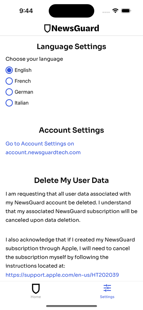 NewsGuard - News Trust Ratings - NewsGuard app settings page showing language selection and account data management options