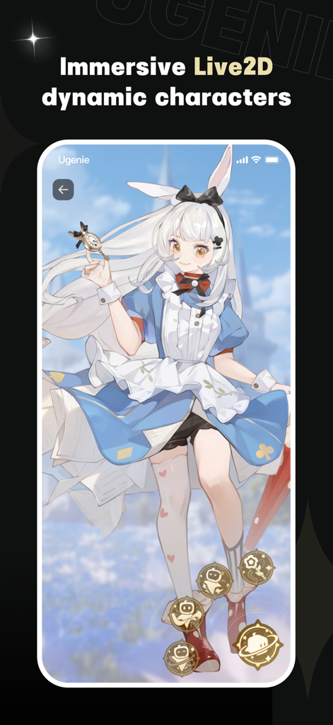 UGenie: AI Chat & Dungeon - A dynamic Live2D anime character with bunny ears and an Alice in Wonderland style dress in the UGenie app.
