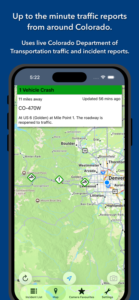 Mobile app interface showing a live traffic incident report on a map of Colorado