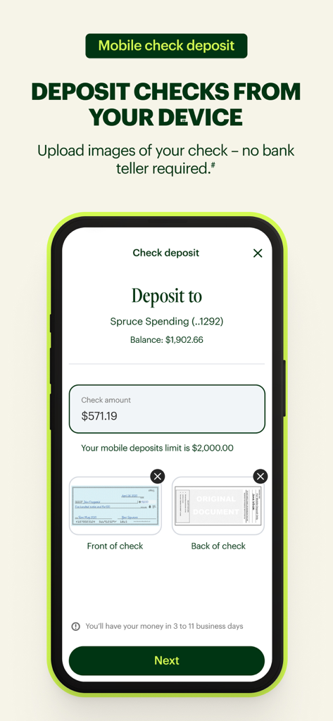 Spruce – Mobile banking - Mobile check deposit interface in the Spruce banking app showing check photo upload options