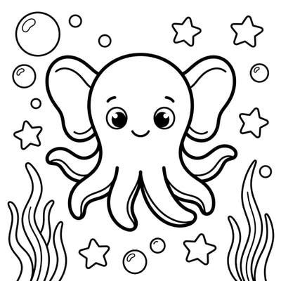 Introduce your little one to the wonders of the deep sea with this charming Dumbo Octopus coloring page. Its extra-thick lines and simple shapes are ideal for developing early motor skills and encouraging creative expression.