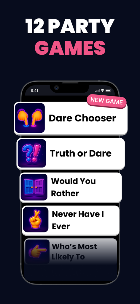 TOZ app screen showing a selection of party games like Truth or Dare and Would You Rather