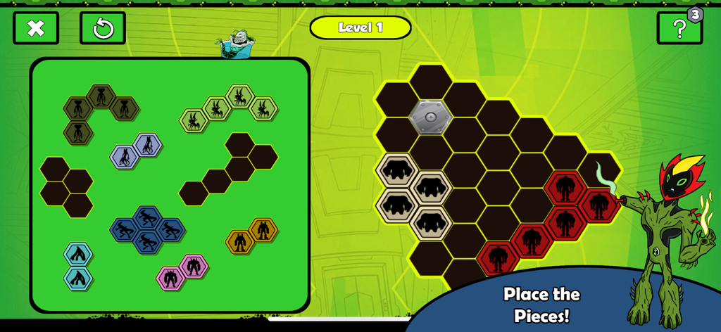 Ben Alien 10 Trivia - Hexagonal block placement puzzle gameplay in Ben Alien 10 Trivia.