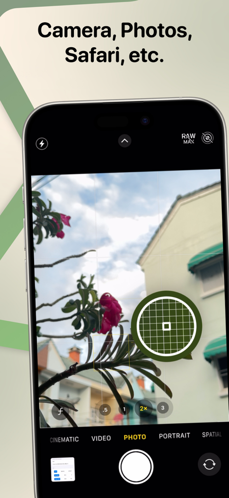 HueHouse - Color Picker - HueHouse app using a smartphone camera to sample a green color from a plant with a circular eyedropper tool.