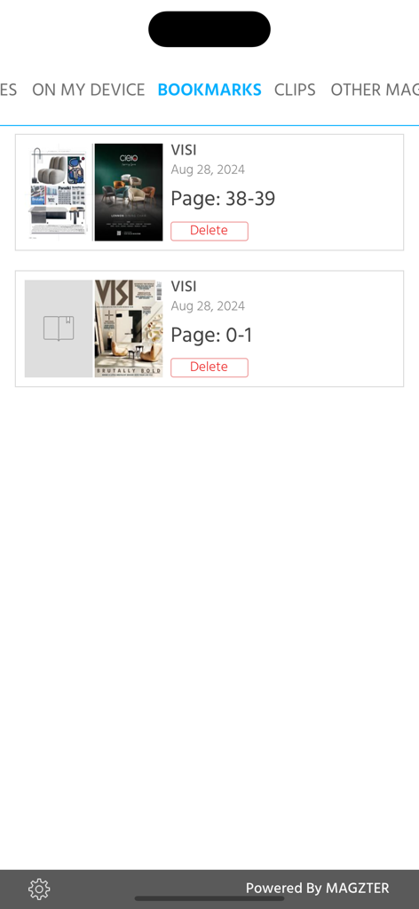 VISI Magazine - The bookmarks screen in the VISI Magazine app showing saved pages of interior design and architecture inspiration.