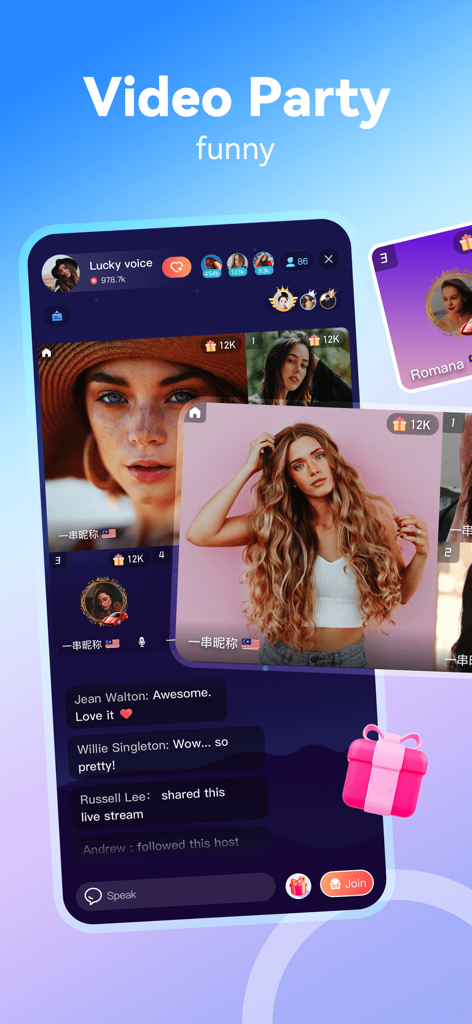 Tandoo app live video party screen with interactive group chat and virtual gifts