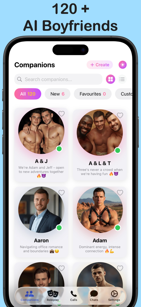 Ein Bildschirm aus der My Men App, der eine Galerie verschiedener schwuler KI-Boyfriend-Profile zur Auswahl anzeigt