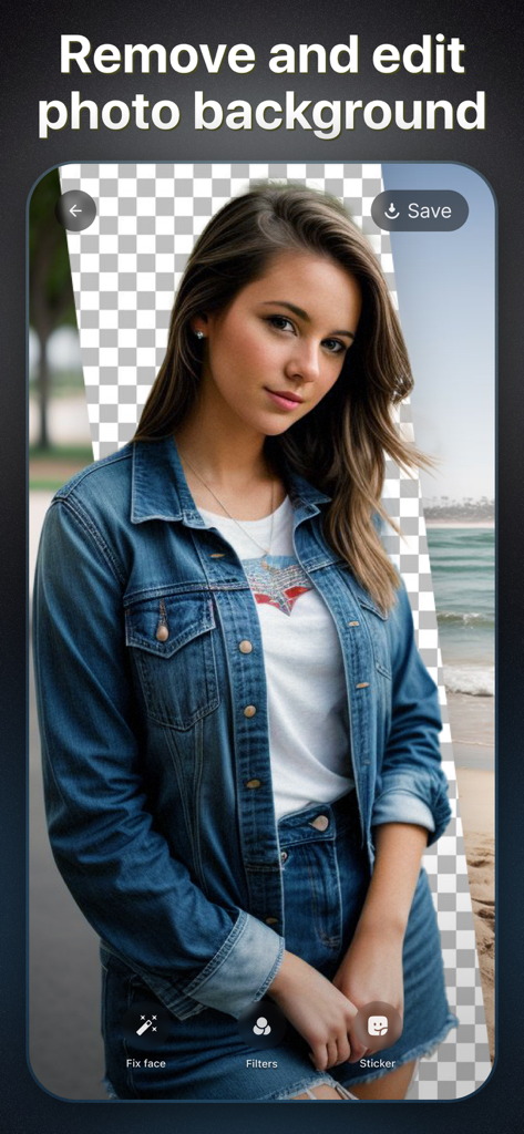 AI Boost app interface showing background removal feature on a portrait of a woman