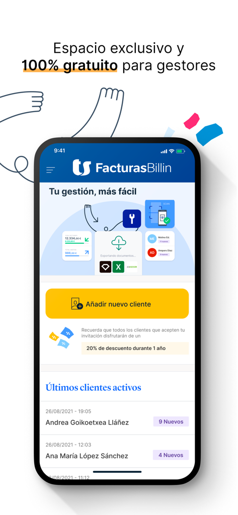 Presupuestos y facturas Billin - Interfaz de la aplicación móvil Billin que muestra la gestión de clientes y funciones para contables