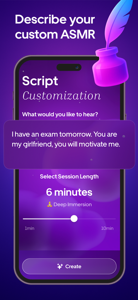 AISMR app interface for creating custom audio sessions with a text prompt and session length slider