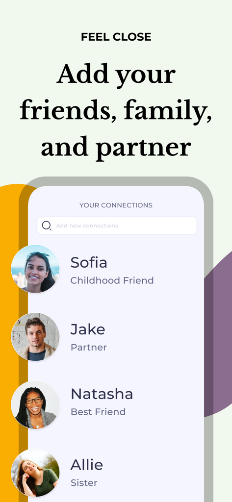 Pantalla de la aplicación Agapé que muestra una lista de amigos, familiares y conexiones de pareja.