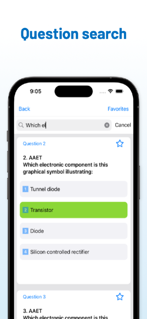 CES Test: Seagull Training - Funzione di ricerca nell'app CES Test Seagull Training che mostra una domanda d'esame marittima sui componenti elettronici