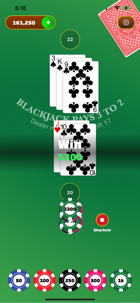 BlackJack: 21 Casino Table - ディーラーのバストに対するブラックジャックカードゲームでの20の勝利ハンド