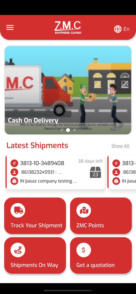ZMC Express Cargo mobile app dashboard showing shipment tracking and logistics service buttons