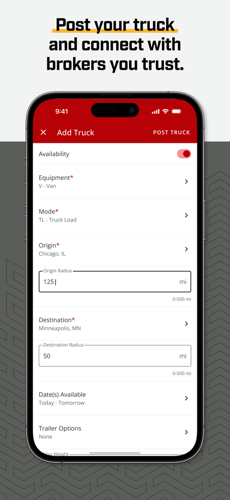 The post truck screen in the Truckstop Go app for finding loads by entering equipment and route details