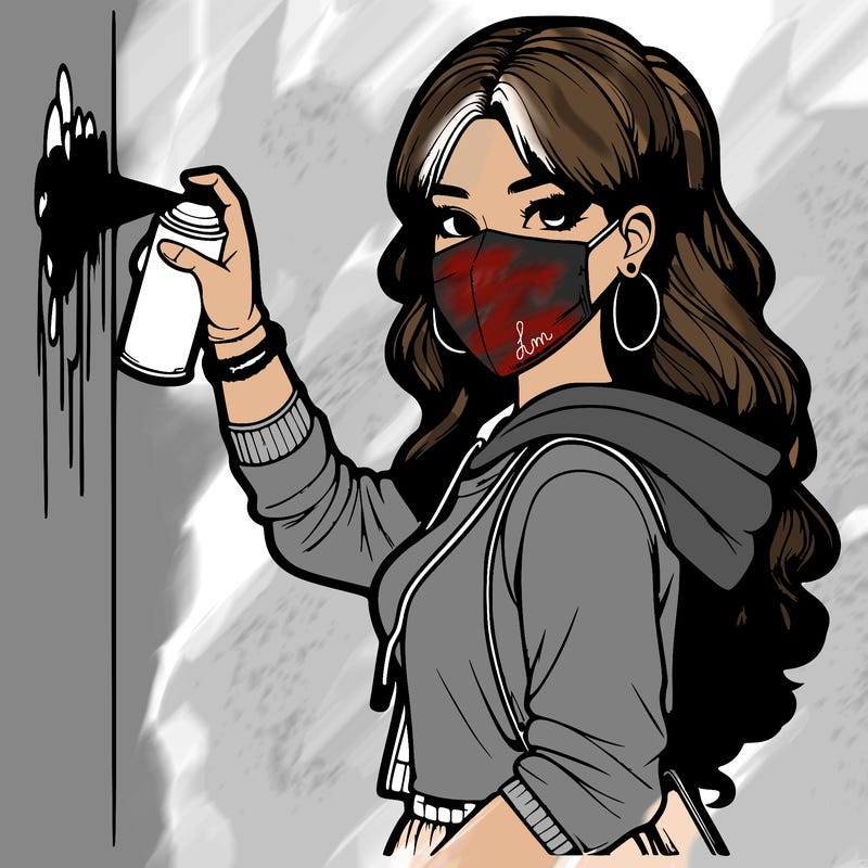 realistic girl with mask spray painting a wall