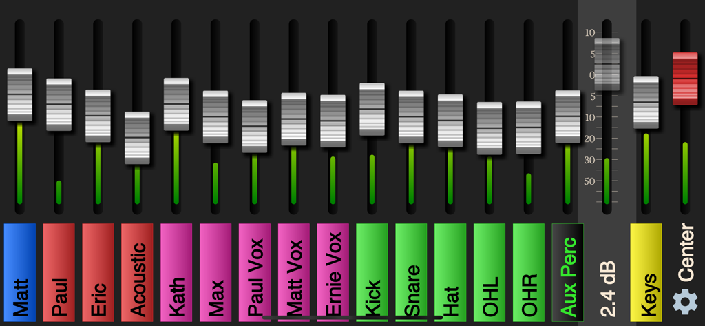 XAir Monitor Mixer - Personal monitor mixing dashboard with faders for vocals and instruments