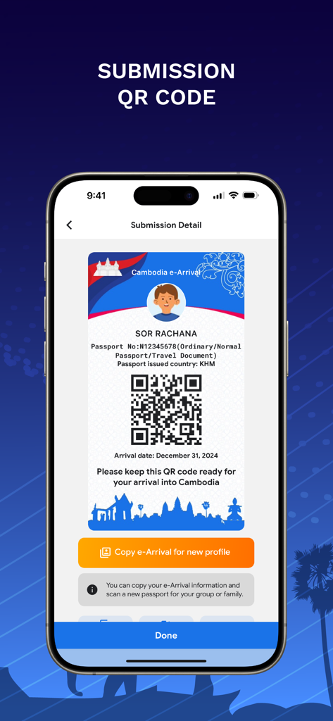 Cambodia e-Arrival - Bildschirm der Kambodscha e-Arrival App, der einen Einreichungs-QR-Code für die Einreise nach Kambodscha anzeigt