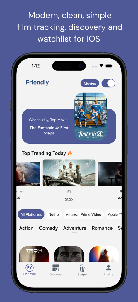 Home screen of the Friendly movie app on iPhone featuring movie suggestions and streaming service filters