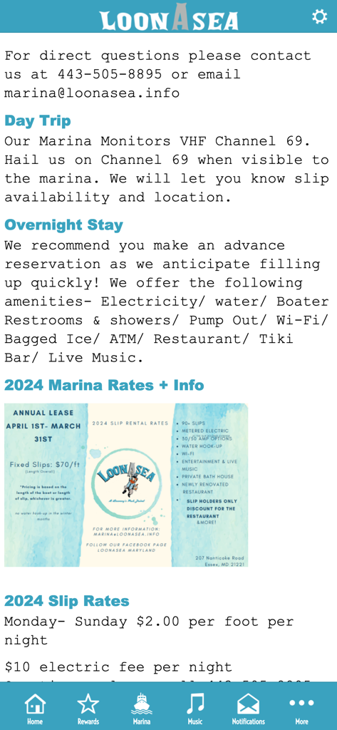 LoonAsea - LoonAsea app screen showing marina slip rates and boat amenities