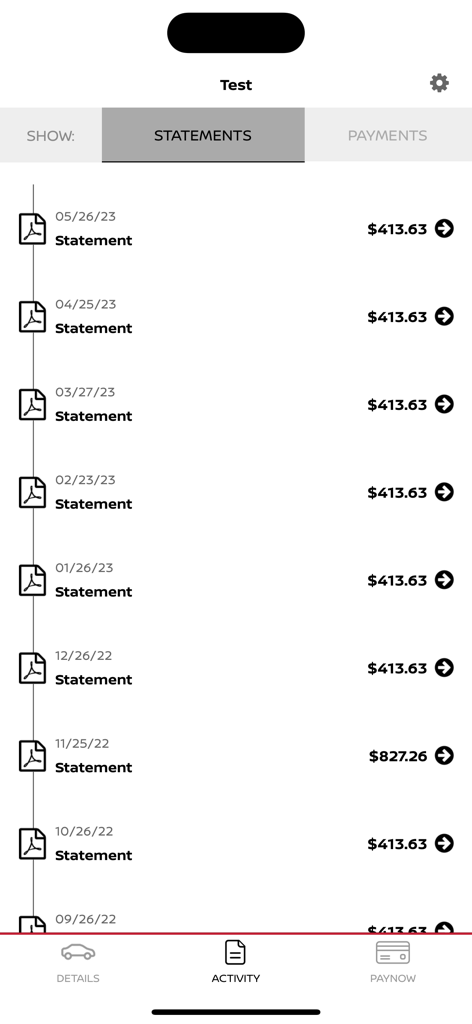 NMAC Account Manager - Schermata dell'app mobile che mostra un elenco di fatture mensili di finanziamento Nissan e importi dei pagamenti