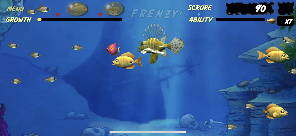 A screenshot of Let Me Eat Feeding Frenzy showing various fish in an underwater retro game environment