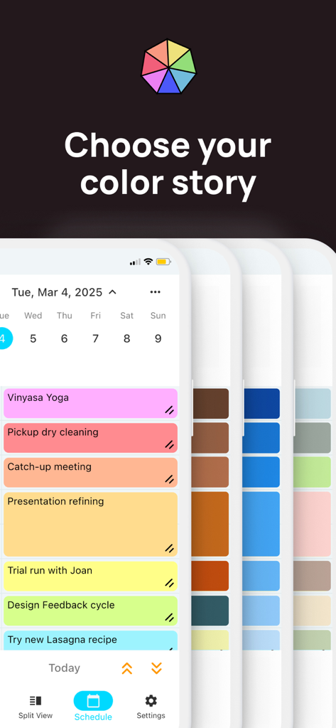 TimeFinder: Time Blocking - A visual daily schedule with various color-coded tasks and different color theme options in the TimeFinder app