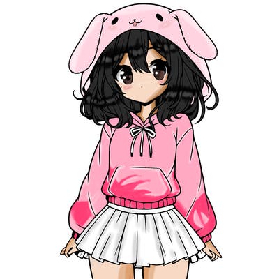 pretty anime girl wearing a fluffy hoodie with bunny ears on the hood and a skirt