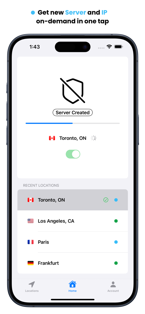 Serverless VPN - UpVPN - UpVPN mobile app interface showing a new server and IP being created for Toronto with a progress bar and list of recent locations.