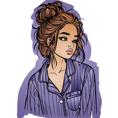 realistic woman with pajamas on and a messy bun