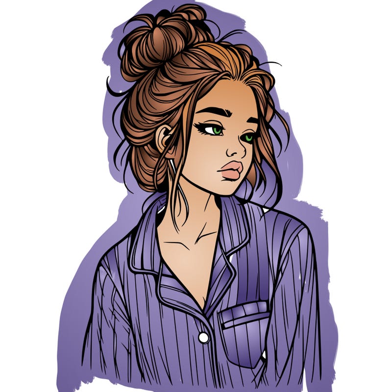 realistic woman with pajamas on and a messy bun