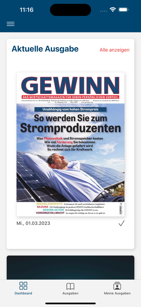 GEWINN: Das Wirtschaftsmagazin - GEWINNビジネス雑誌アプリのダッシュボード。最新号は太陽光発電を特集しています。