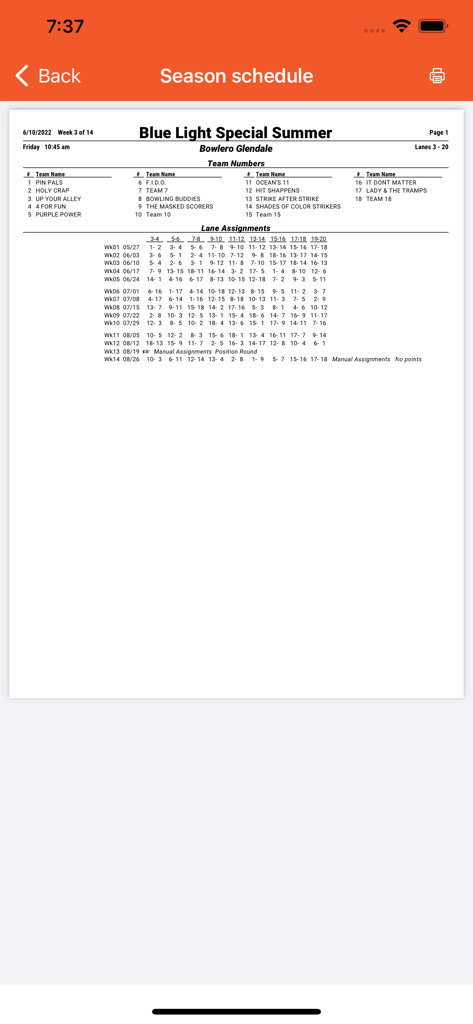 League Secretary - A detailed bowling league season schedule showing team names and lane assignments.