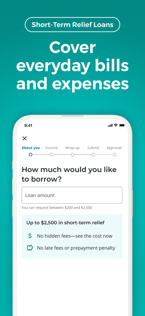 Upstart mobile app interface showing a short term relief loan application to cover everyday bills and expenses