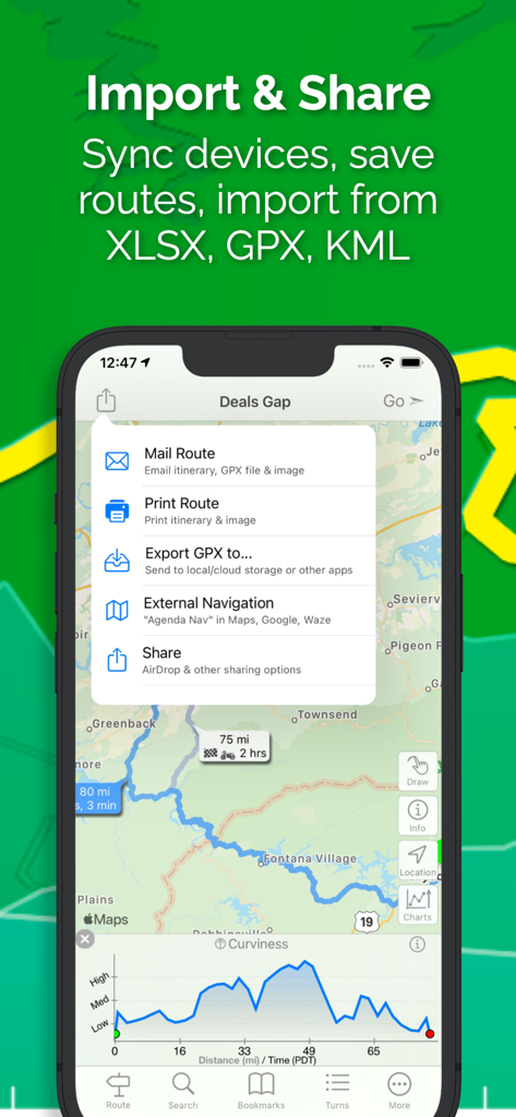 inRoute - Intelligent Routing - Oberfläche der inRoute-App, die Optionen zum Teilen von Routen und das GPX-Exportmenü anzeigt.