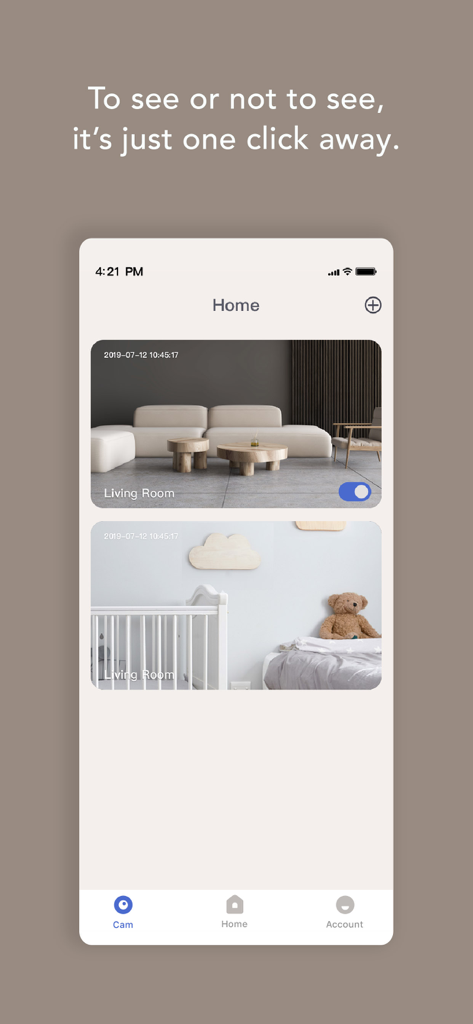 Nooie - Nooie Mobile App-Oberfläche, die Live-Kameraansichten eines modernen Wohnzimmers und eines Babyzimmers zeigt