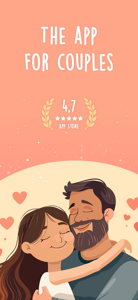 Happy Love - The couple app - Cartoon illustration of a happy couple hugging with the text The App for Couples and a four point seven star rating