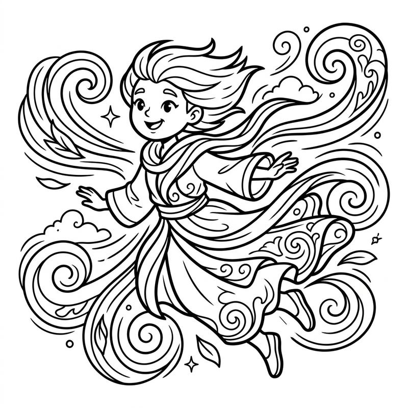 Introduce your child to the powerful Mistral wind with this charming coloring page, designed especially for young artists. Featuring a joyful character amidst swirling gusts, it's perfect for sparking creativity and learning.
