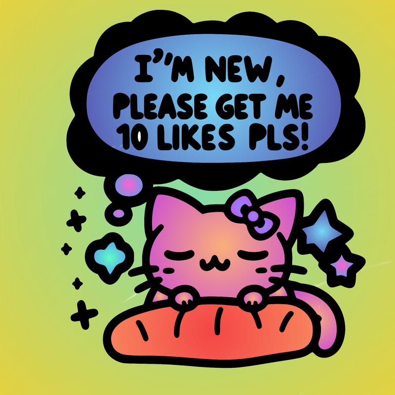 kitty taking a nap dream talking and saying "i'm new, please get me at least 10 likes pls!!"