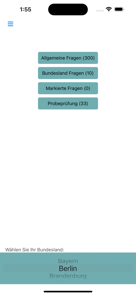 Leben in Deutschland 300Fragen - Menú principal de la aplicación Leben in Deutschland que muestra opciones de estudio para el examen de ciudadanía y selección de estado