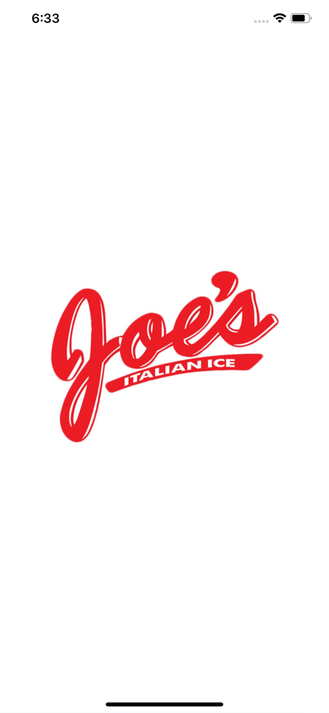Joe's Ice - Joe's Italian Ice red script logo on a white splash screen