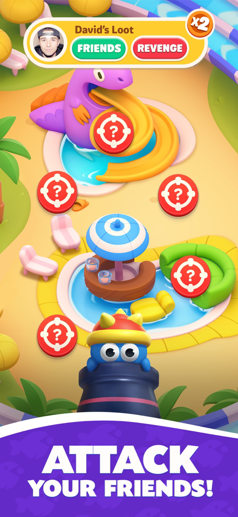 Fish of Fortune gameplay screenshot showing a character in a cannon targeting a tropical island to attack friends