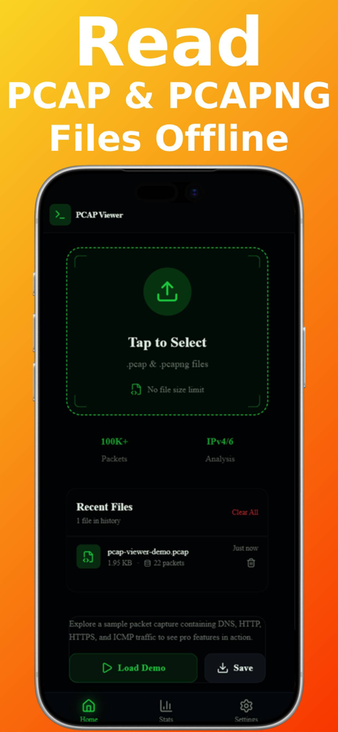 PCAP File Viewer · Reader - PCAP File Viewer mobile app interface for reading network packet capture files offline