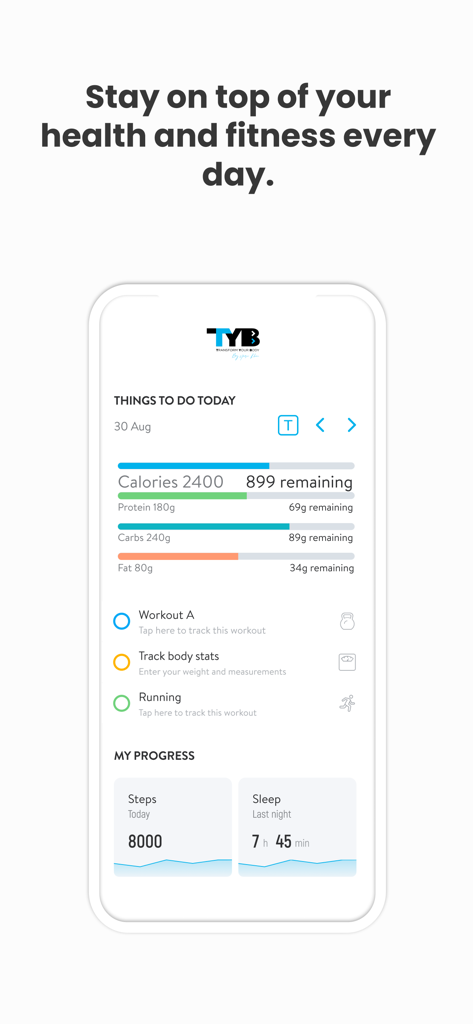 TYB by Yasir Khan - TYB fitness app daily dashboard showing nutrition goals and workout progress