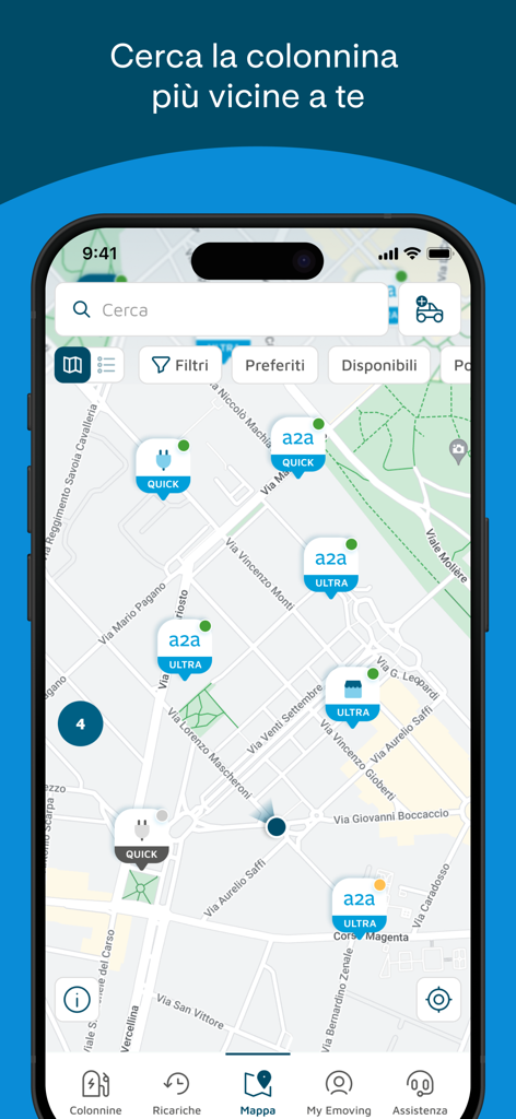 A2A Emoving - L'app A2A Emoving mostra una mappa con le posizioni delle stazioni di ricarica per veicoli elettrici nelle vicinanze e il loro stato di disponibilità